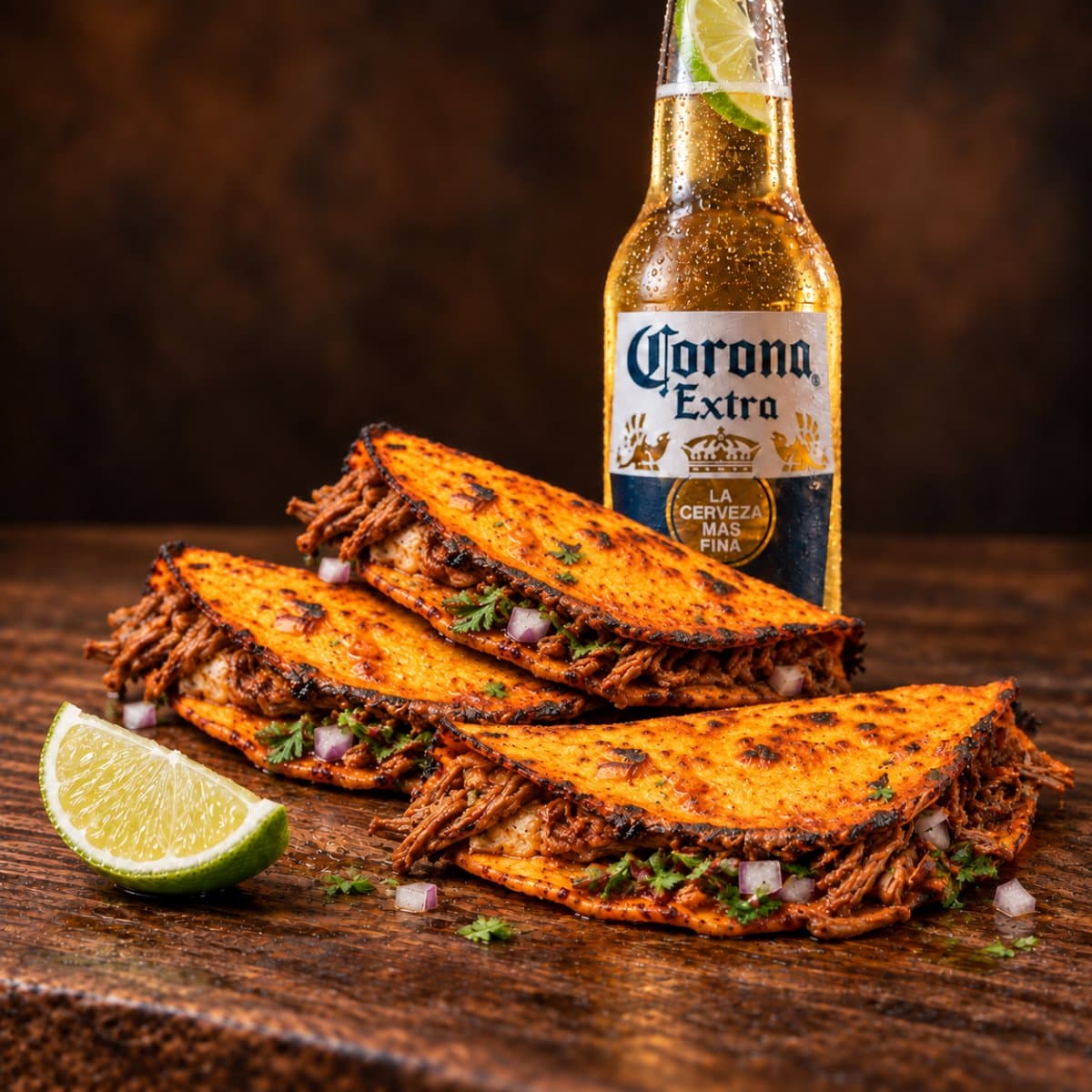 Drei Tacos mit Limette und Bier auf einem dunklen Tisch